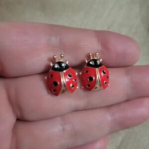 Cute ladybug post earrings, red and gold tone